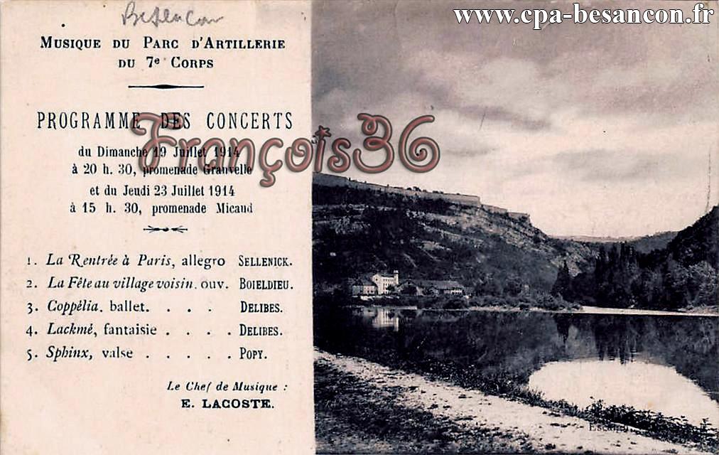 Musique du Parc d'Artillerie du 7e Corps - Programme des Concerts du Dimanche 19 Juillet 1914 à 20 h. 30, promenade Granvelle et du Jeudi 23 Juillet 1914, à 15 h. 30, promenade Micaud